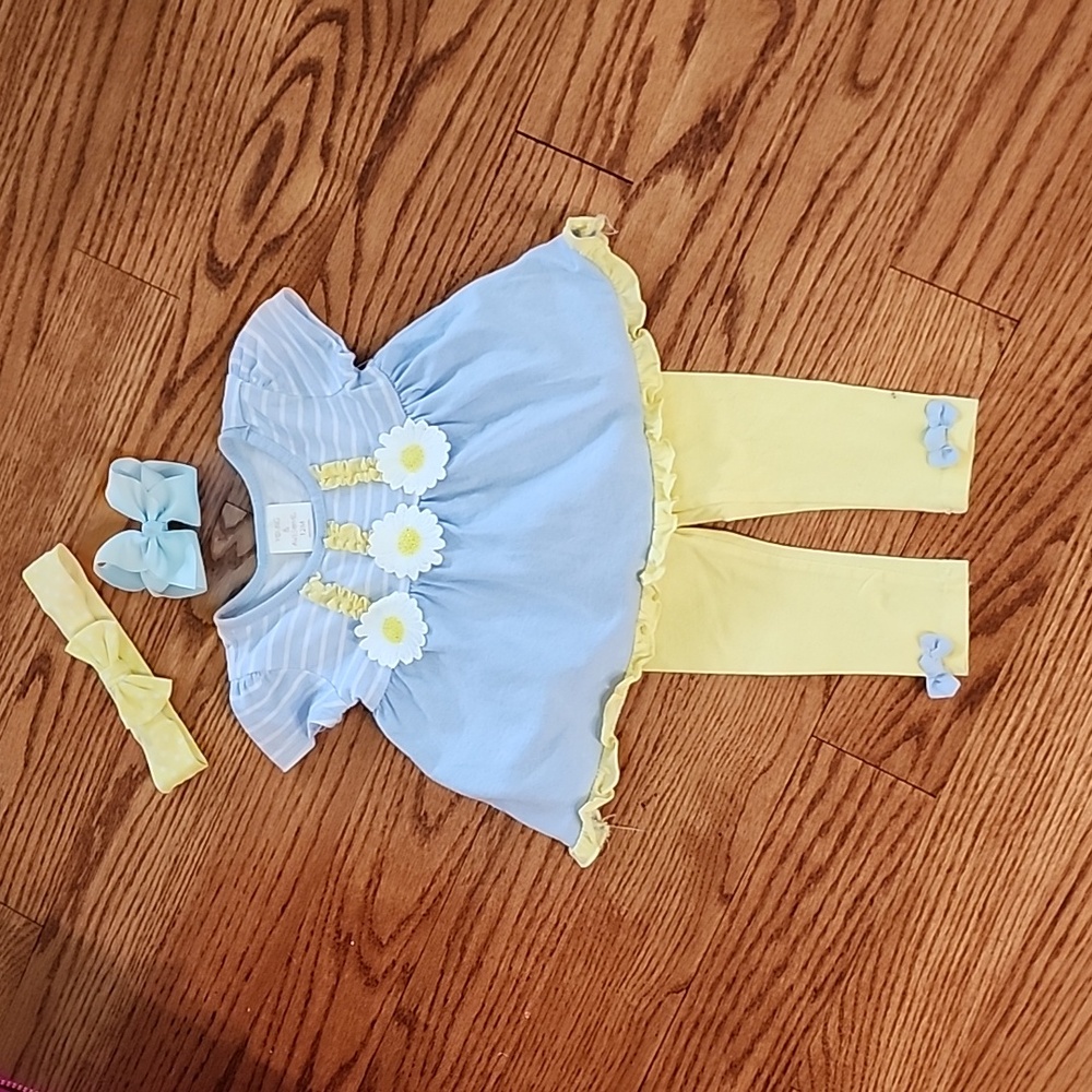 Young & Awesome 12 month  baby girl 2 piece outfit with  headband and clip bow.